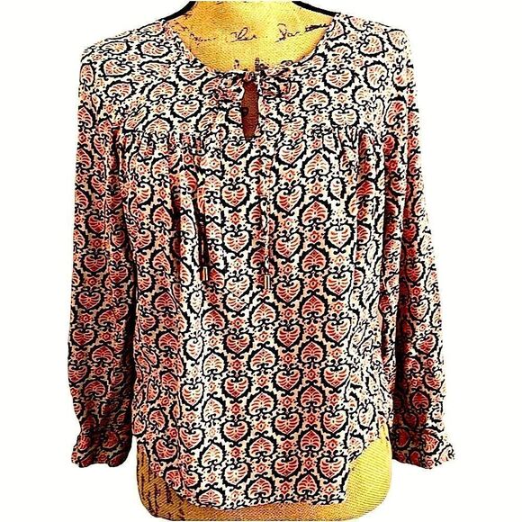 EUC! Kenar Boho Long Sleeve Tie Front Printed Top - Size Small - Picture 1 of 7